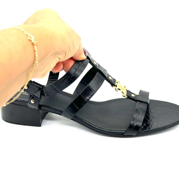 CELINE Triomphe Logo Crocodile Embossed Leather Strappy Block Heel Sandals - Picture 8 of 15